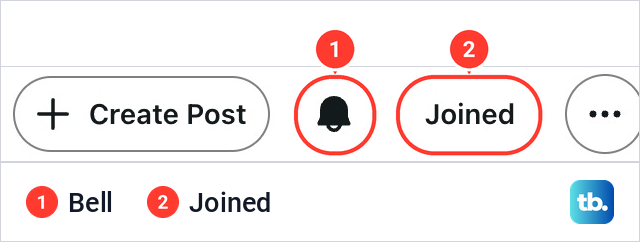 The row of buttons on a Reddit community after joining, with Create Post, a bell button and Joined.