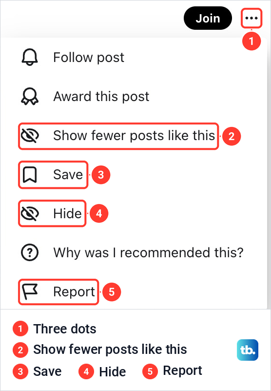 The three-dot menu on a Reddit post listing Follow post, Show fewer posts like this, Save, Hide and Report.