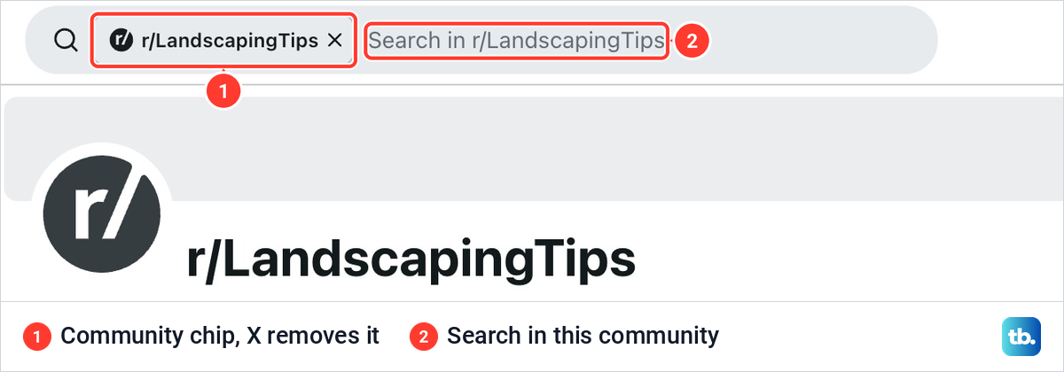Reddit's search box inside r/LandscapingTips showing a community chip and the words Search in r/LandscapingTips.