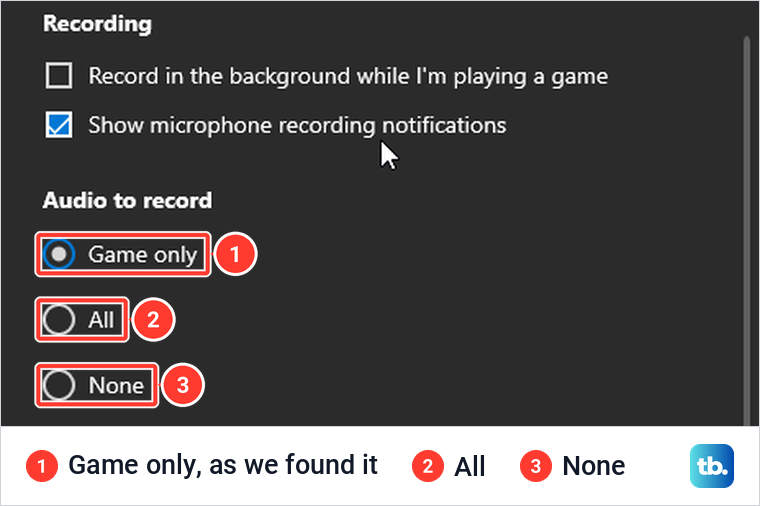 Xbox Game Bar settings showing the Audio to record choices Game only, All and None.