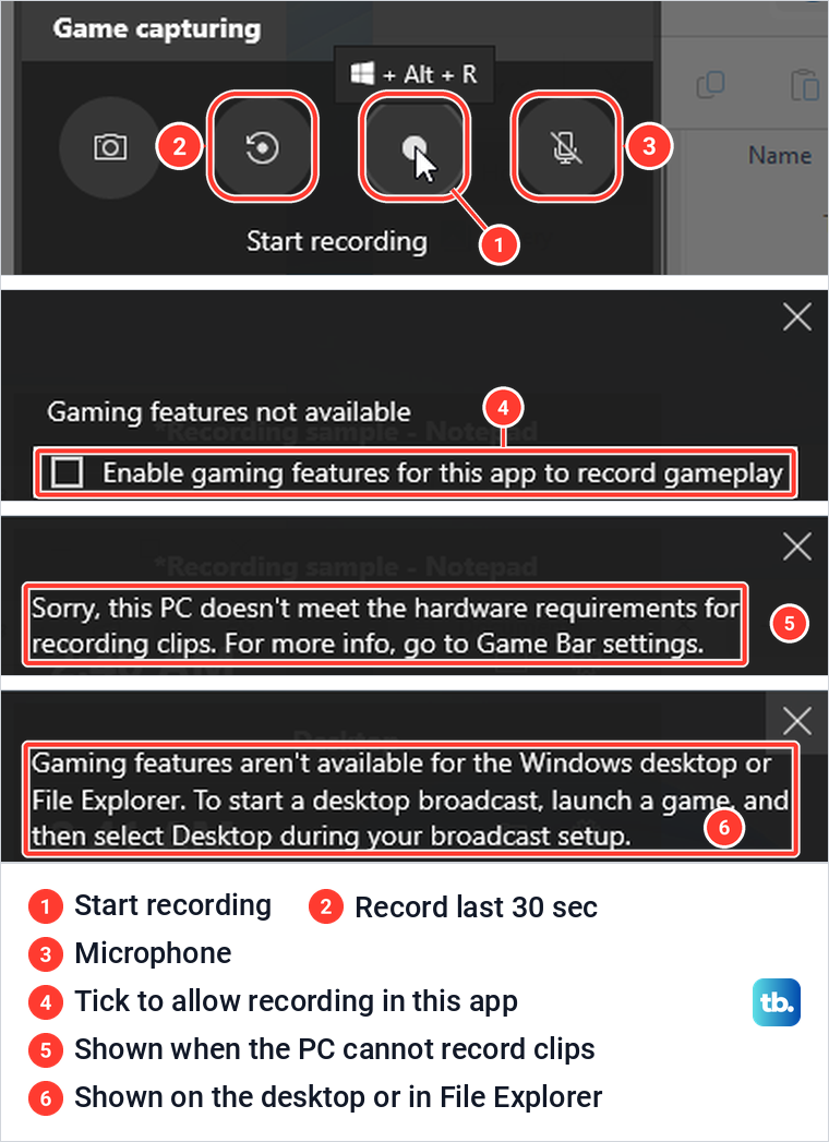 Xbox Game Bar capture buttons and three messages it showed when asked to record an app and the desktop.