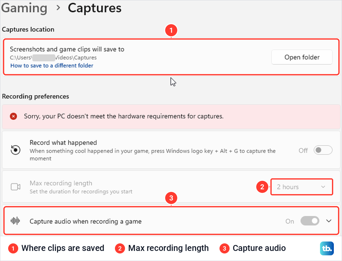 Windows Settings on the Gaming, Captures page with the save location, Max recording length and Capture audio.