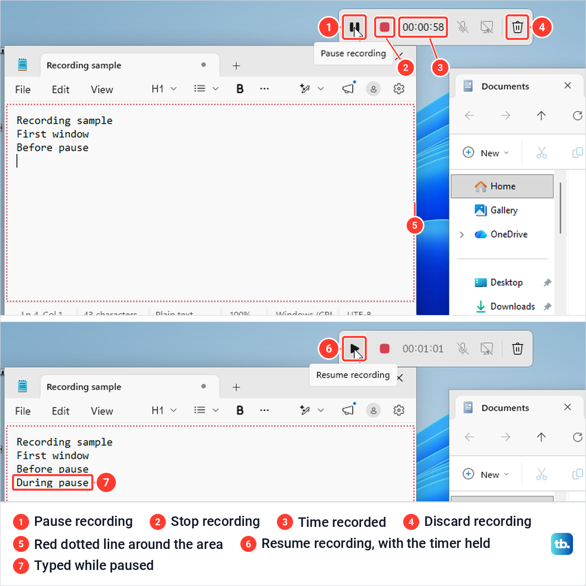 Snipping Tool recording bar with its Pause, Stop and Discard buttons, shown while recording and again while paused.