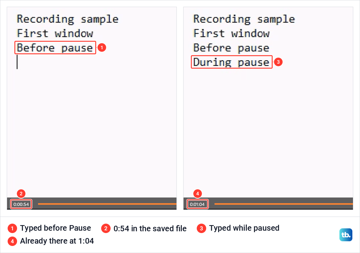 Two playback frames of the saved recording, at 54 seconds and at 1 minute 4 seconds, showing a line typed during the pause.