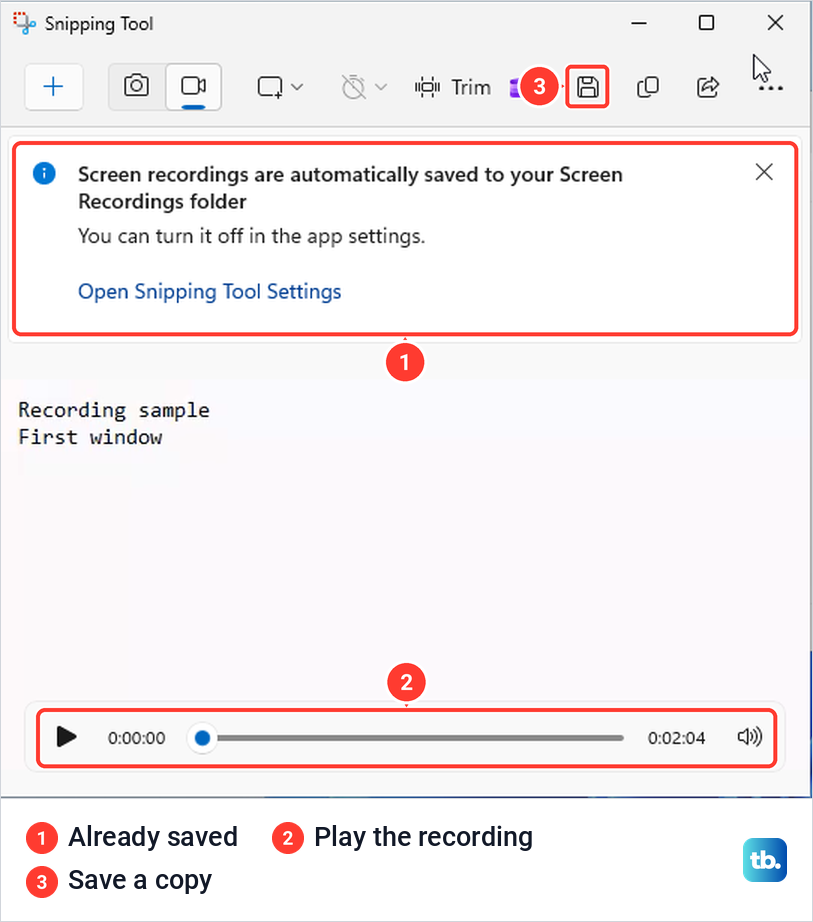 Snipping Tool preview after a recording, with a banner saying screen recordings are automatically saved and a video player.