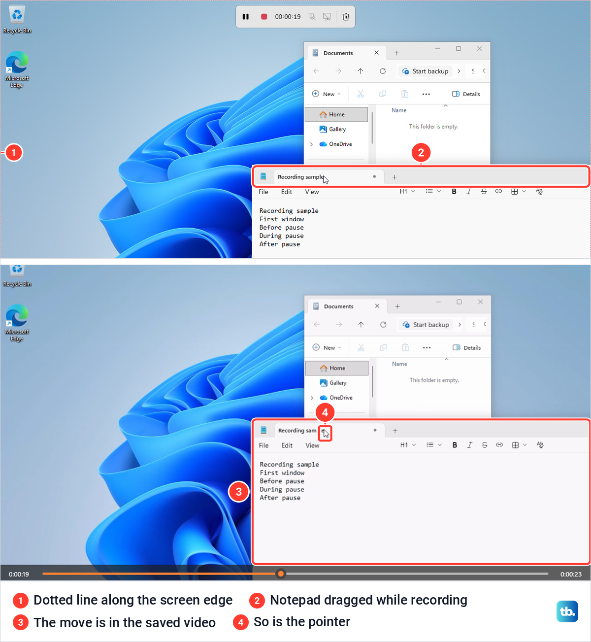 A whole-screen recording in progress with Notepad dragged over File Explorer, and the same moment in the saved video.