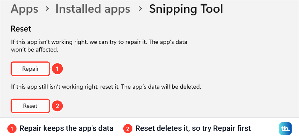 Snipping Tool's Advanced options page in Windows Settings with the Repair and Reset buttons.