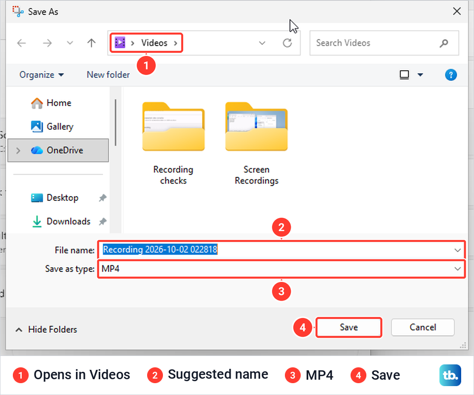 Save As dialog for a screen recording, open in the Videos folder with the type set to MP4.