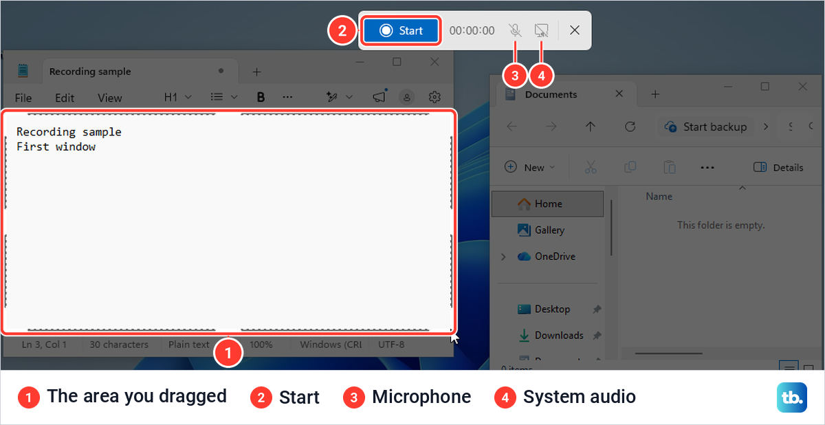 Snipping Tool recording bar with a Start button, a timer and two sound buttons above a dashed area dragged over Notepad.