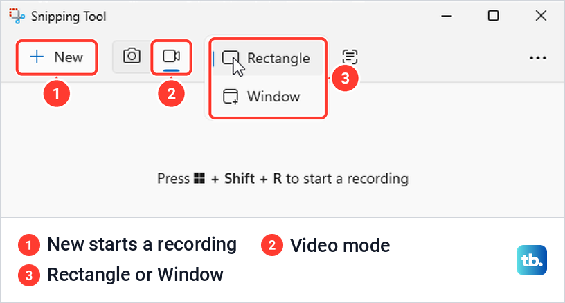 Snipping Tool app in video mode with its New button and a recording area menu offering Rectangle and Window.