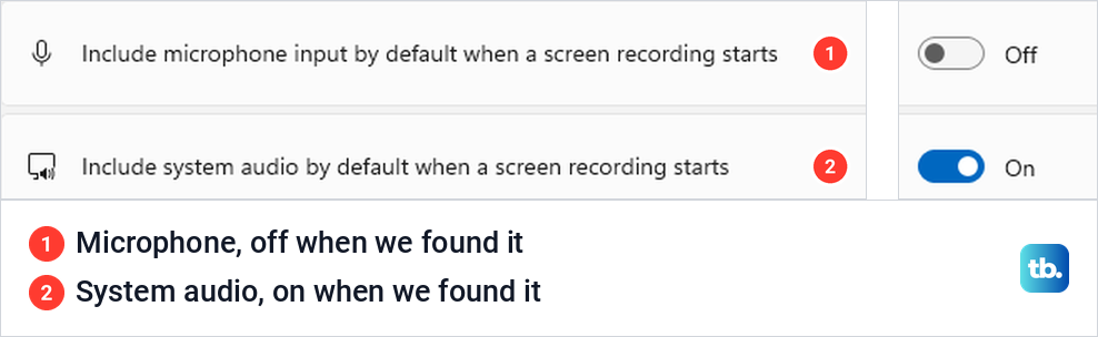 Snipping Tool settings with Include microphone input by default turned off and Include system audio by default turned on.