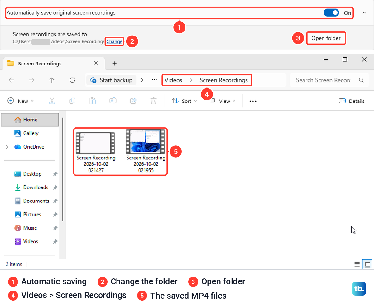 Snipping Tool screen recording settings above File Explorer open at Videos, Screen Recordings, with two saved recordings.
