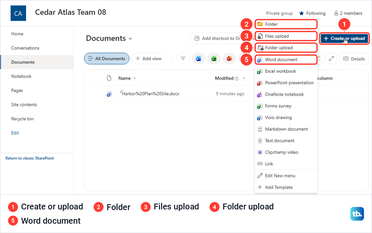 SharePoint Documents library with the Create or upload menu open, listing Folder, Files upload and Word document.