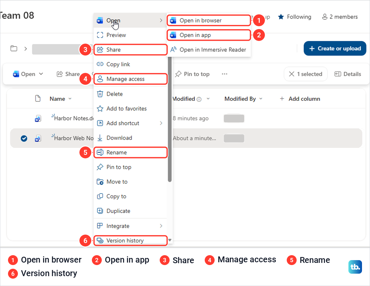 SharePoint file menu opened by a right-click, with the Open submenu showing Open in browser and Open in app.