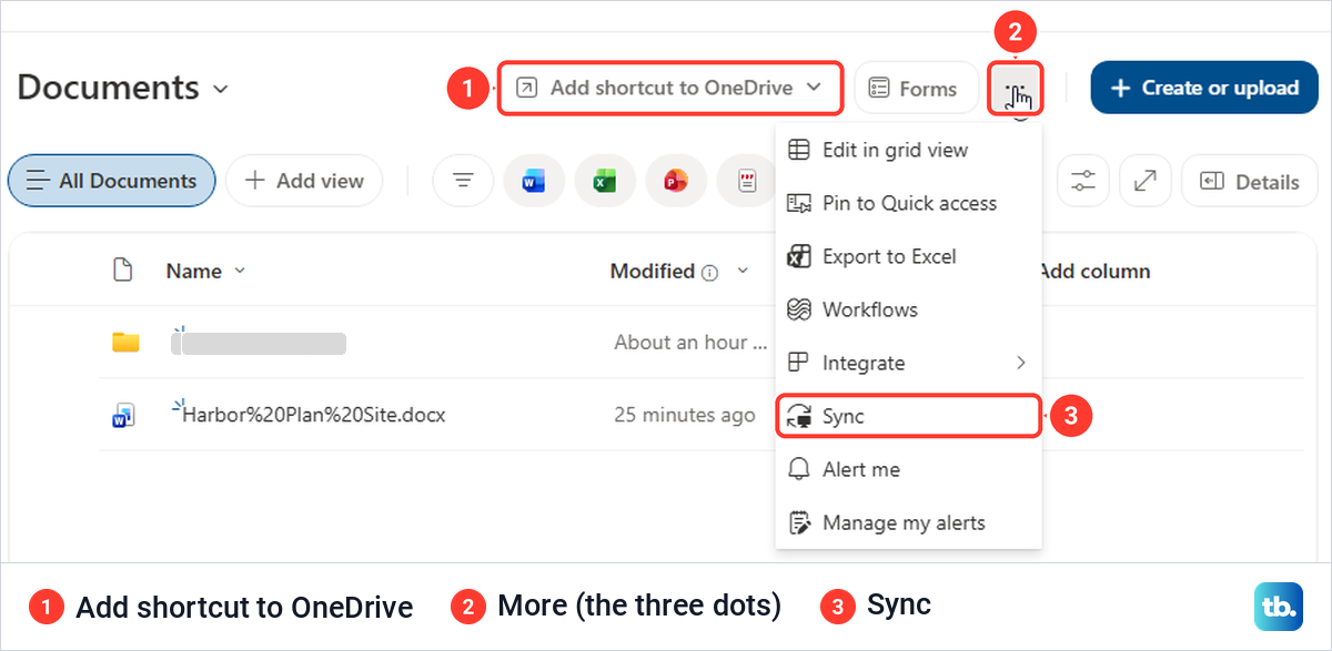 SharePoint library header with Add shortcut to OneDrive and the More menu open on Sync.