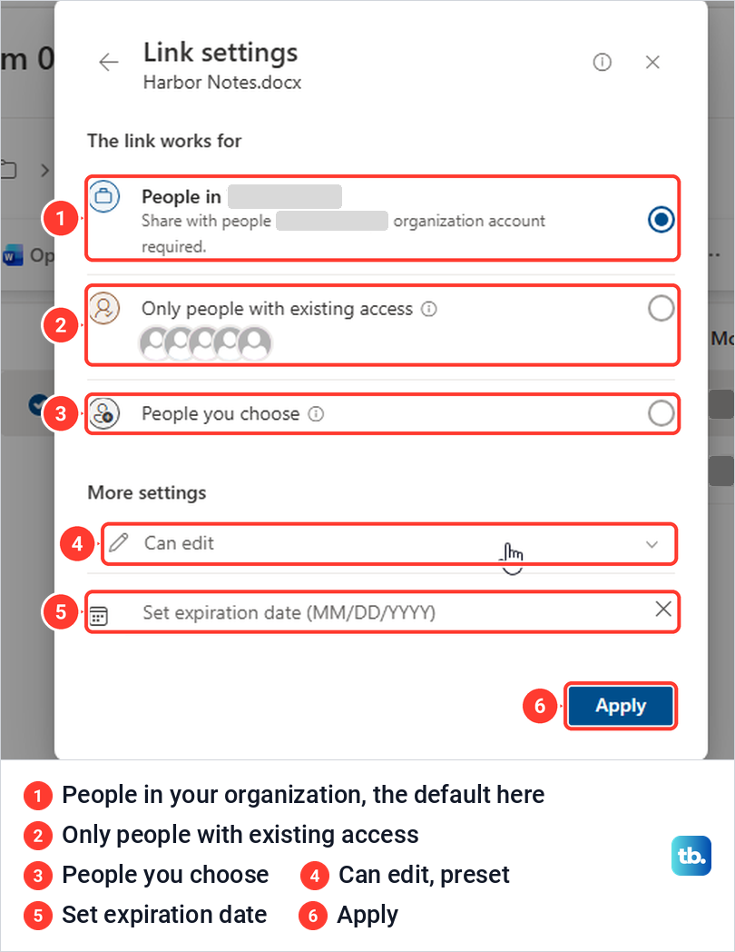 SharePoint Link settings showing three audiences for a link, the Can edit setting and an expiration date box.