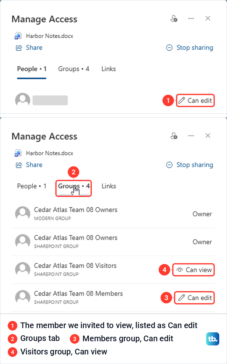 SharePoint Manage Access panel listing a person with Can edit, and the Groups tab with Members and Visitors groups.