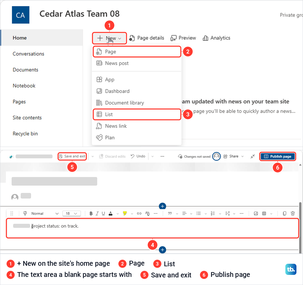 SharePoint site New menu with Page and List, then a blank page in the editor with Publish page.