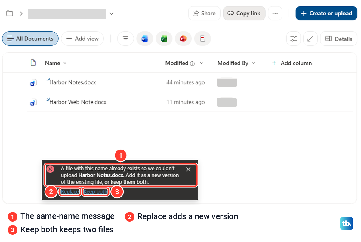 SharePoint message saying a file with this name already exists, with Replace and Keep both links.