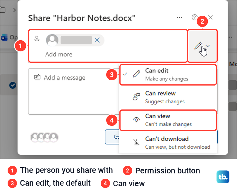 SharePoint Share box with a person added and the permission list showing Can edit, Can review, Can view and Can't download.