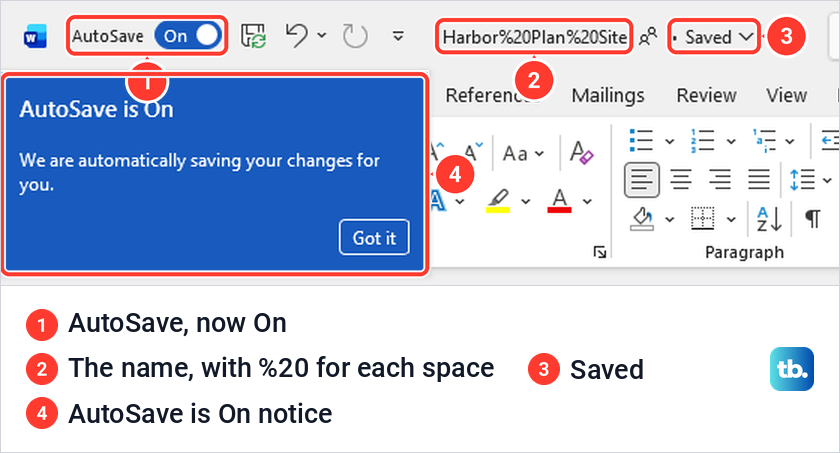 Word title bar showing AutoSave On, a file name with %20 in it and the word Saved.