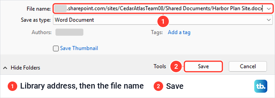 Word Save As window with a SharePoint library address and file name typed in the File name box.