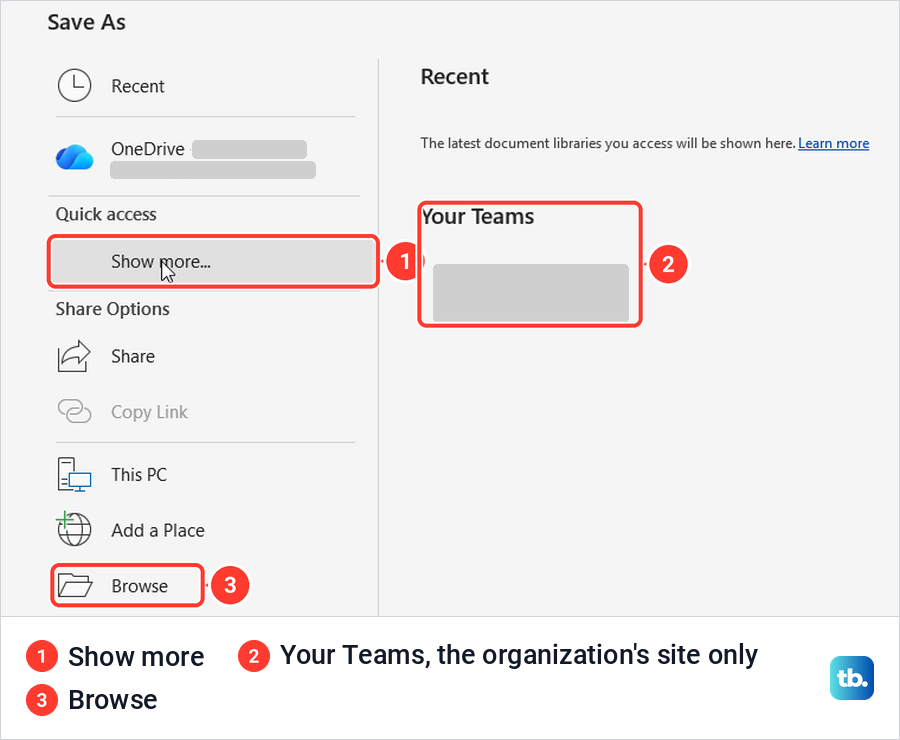 Word's Save As page with Show more, a Your Teams list and the Browse option marked.
