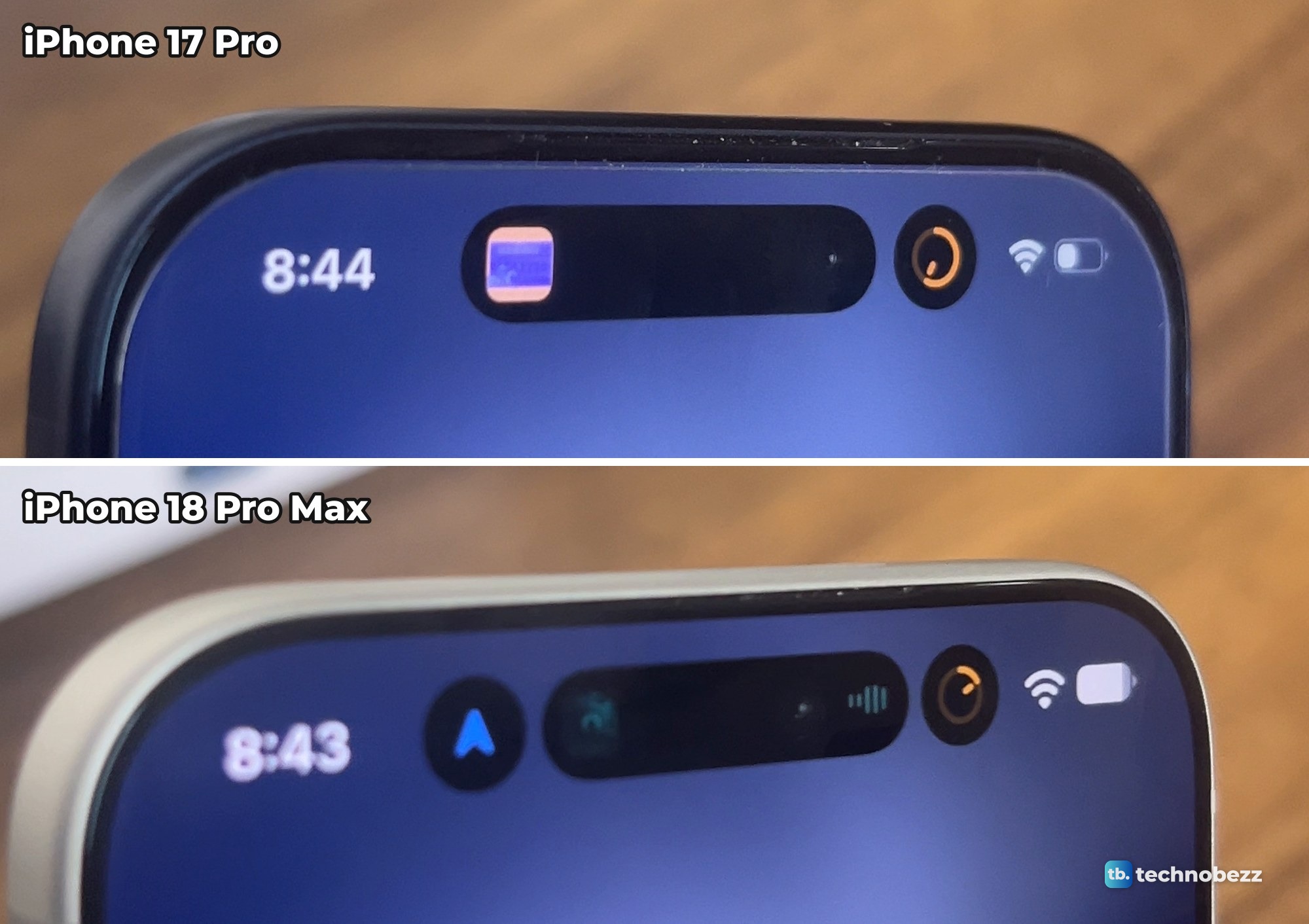Close views of the top of an iPhone 17 Pro showing a music pill and a timer ring, and of an iPhone 18 Pro Max showing a directions arrow, a music pill and a timer ring