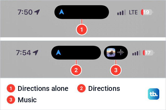 Two views of the top of an iPhone 18 Pro Max screen, the Dynamic Island with only a blue directions arrow, then with the arrow in the wide part and a music bubble at the right