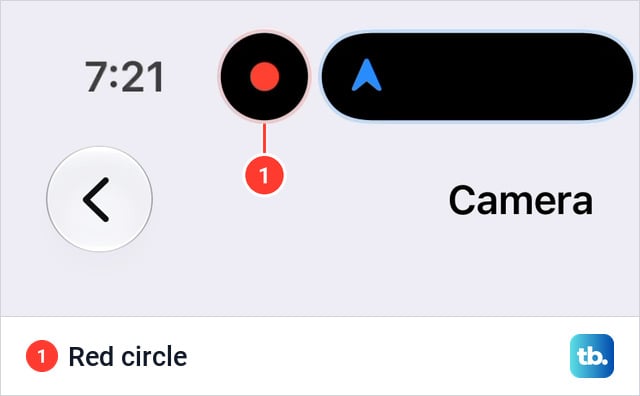 Top left of an iPhone 18 Pro Max screen during a screen recording, with a red circle in a round bubble at the left end of the Dynamic Island and a blue directions arrow in the wide part beside it