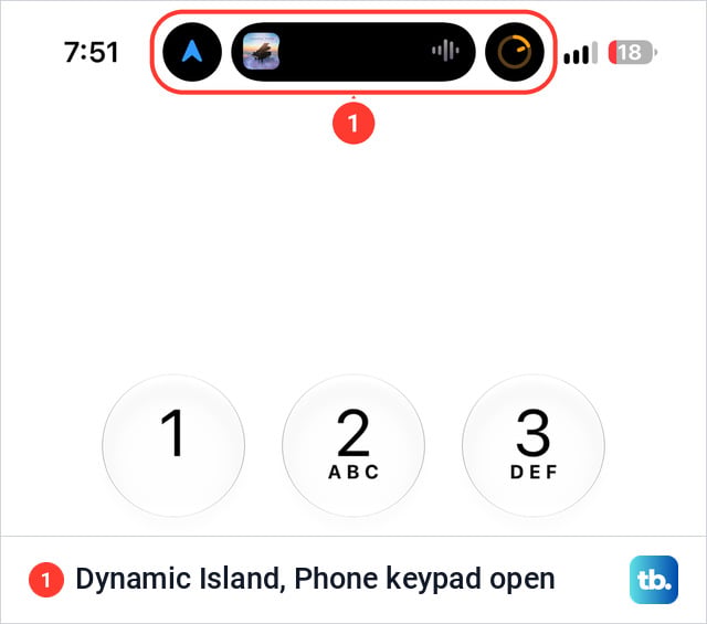 Top of an iPhone 18 Pro Max screen with the Phone keypad open and the Dynamic Island showing a directions arrow, a music island and a timer ring