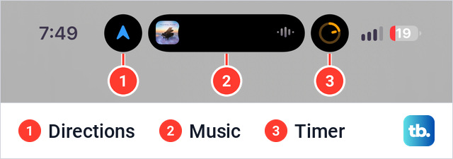 Top of an iPhone 18 Pro Max Home Screen with the Dynamic Island as a blue arrow in a round bubble, a wide island with cover art and a sound wave, and an orange timer ring in a second round bubble