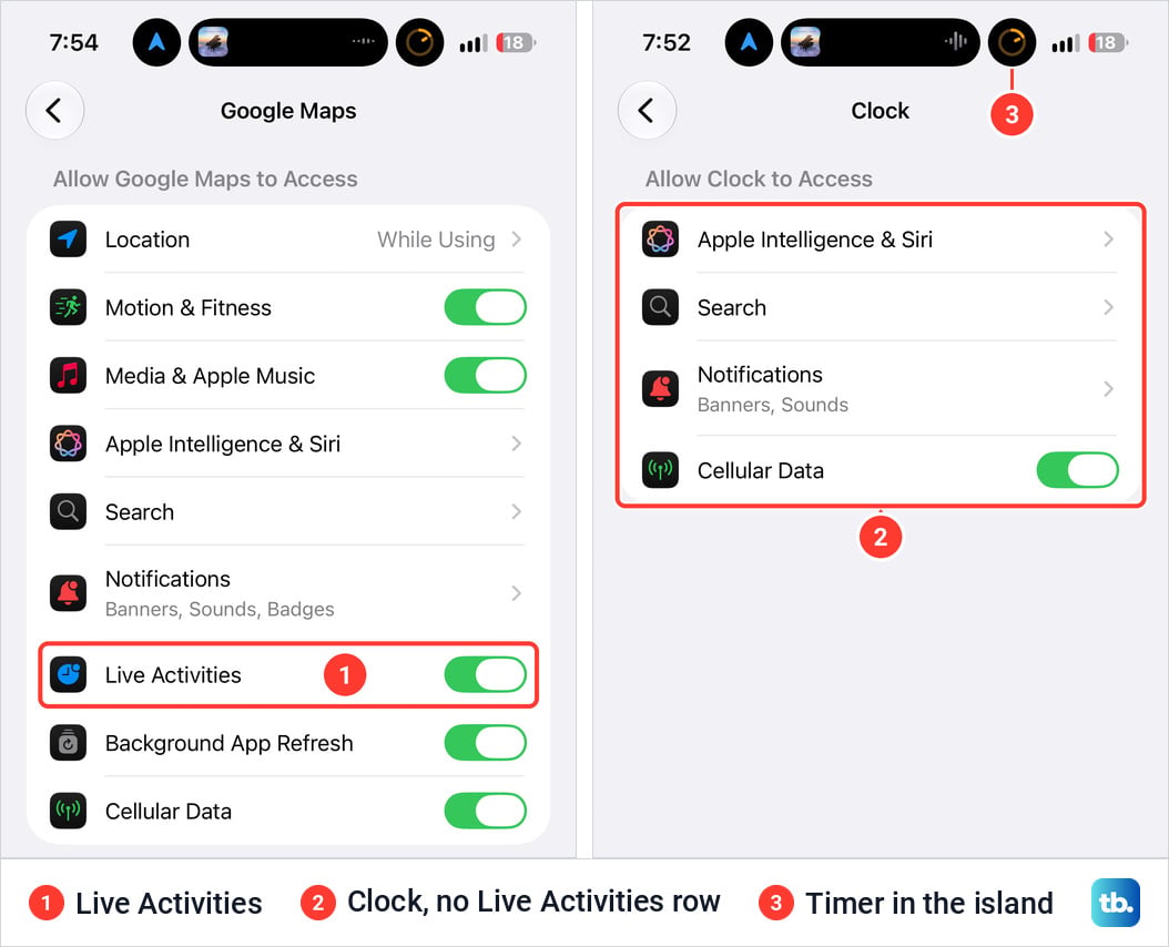 Two iPhone Settings pages side by side, Google Maps with a Live Activities switch turned on, and Clock with only Apple Intelligence and Siri, Search, Notifications and Cellular Data
