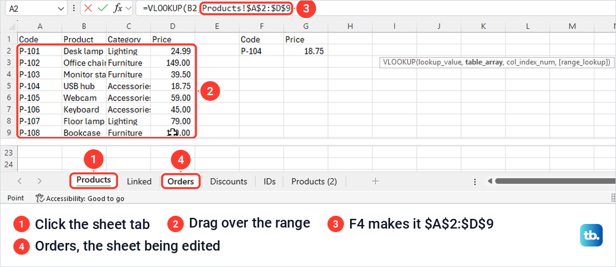 Excel Products sheet selected while a VLOOKUP formula is typed on the Orders sheet.