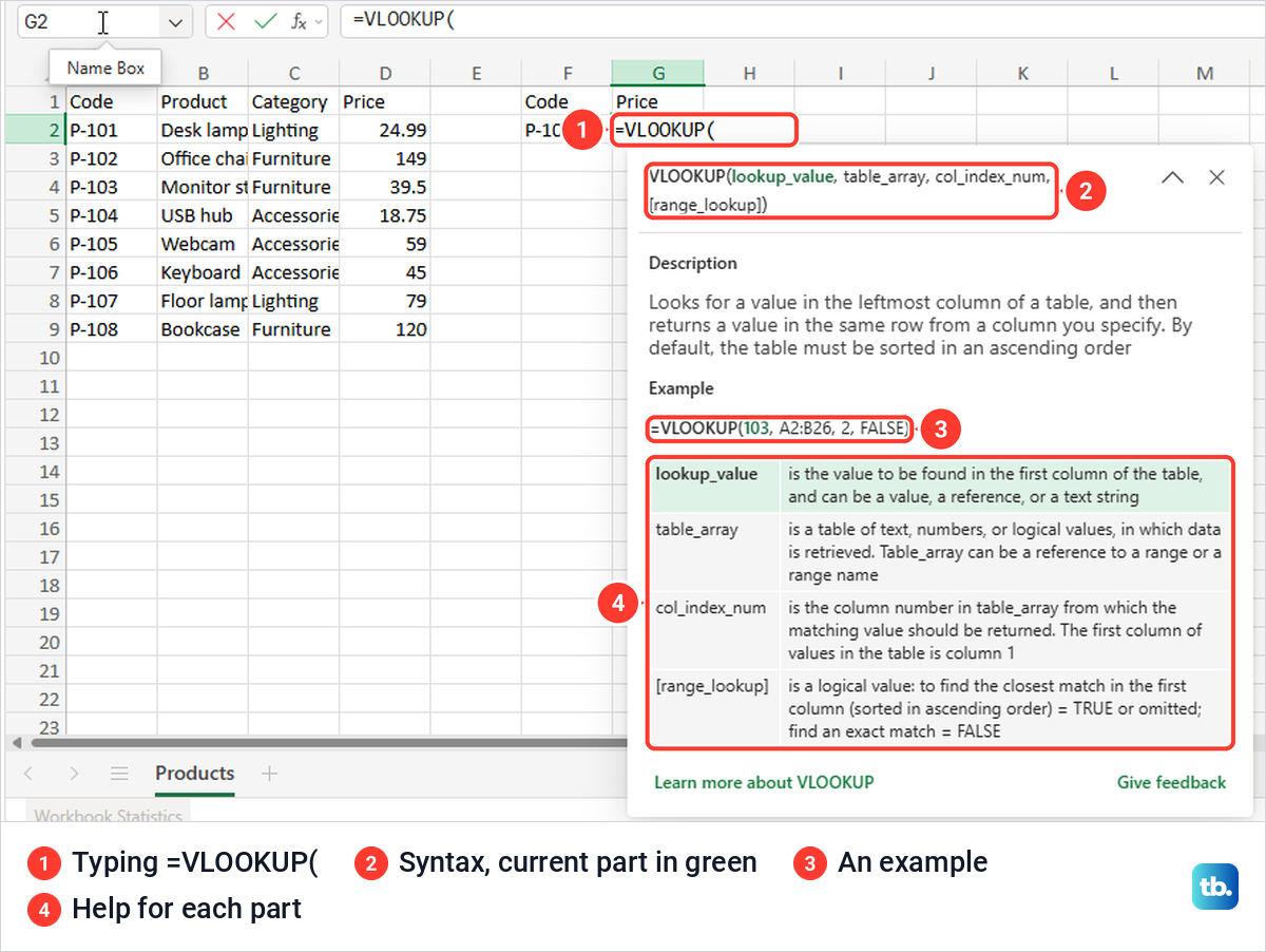 Excel for the web showing a VLOOKUP help card with syntax, description, example and arguments.