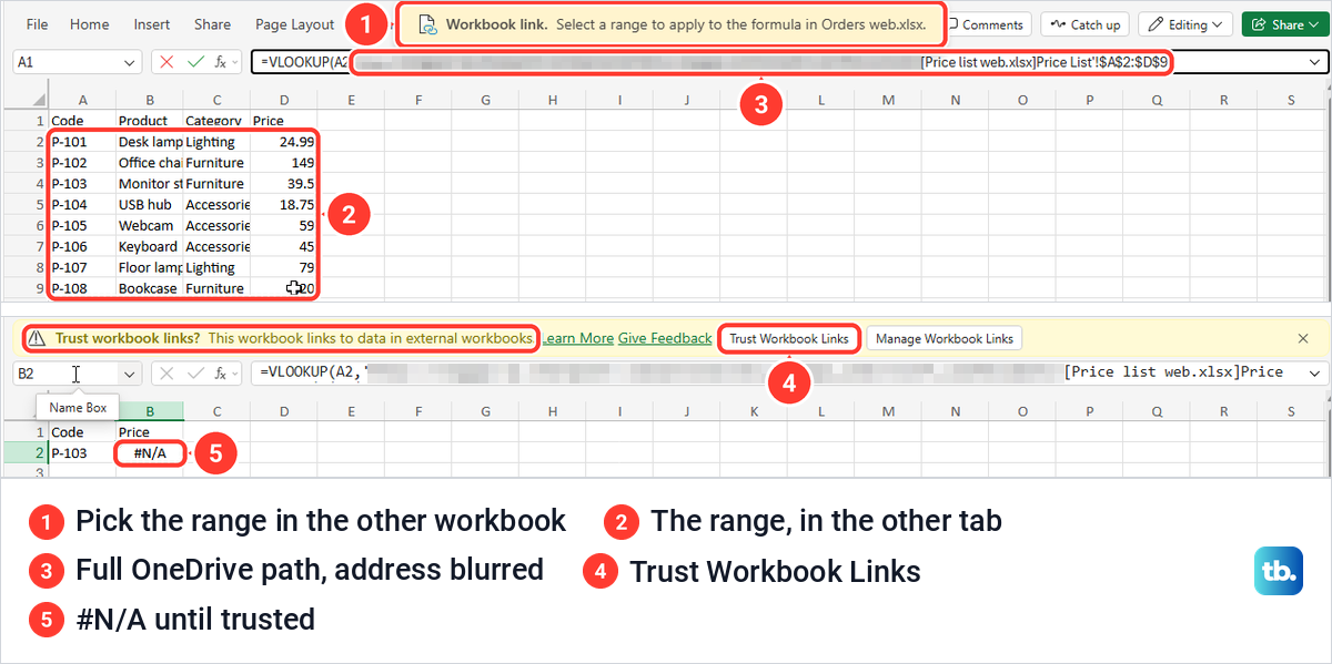 Excel for the web selecting a range in another workbook tab, then the Trust workbook links bar.