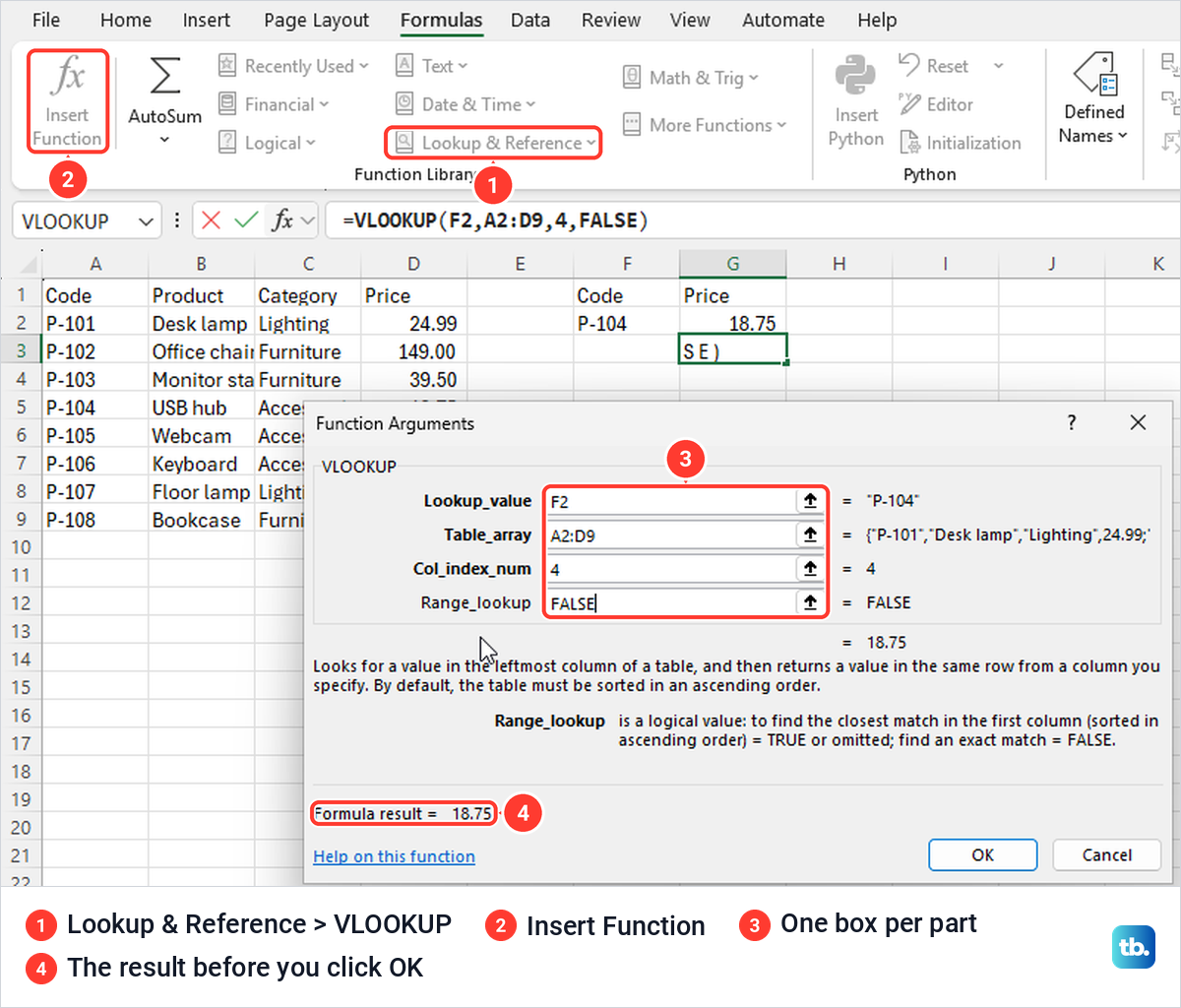Excel Function Arguments dialog for VLOOKUP filled in with F2, A2:D9, 4 and FALSE.