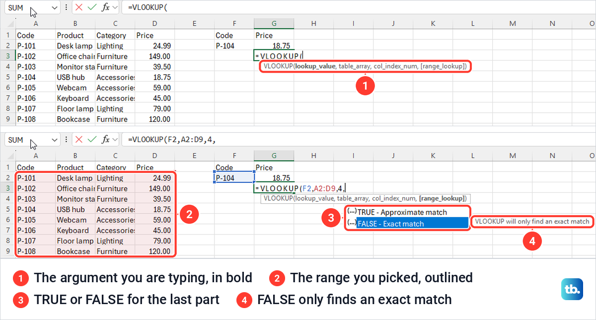 Excel ScreenTip under a cell showing the VLOOKUP arguments, then the TRUE and FALSE match list.