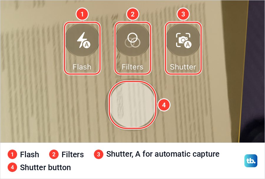 Flash, Filters and Shutter controls above the shutter button in the iPhone document scanner.