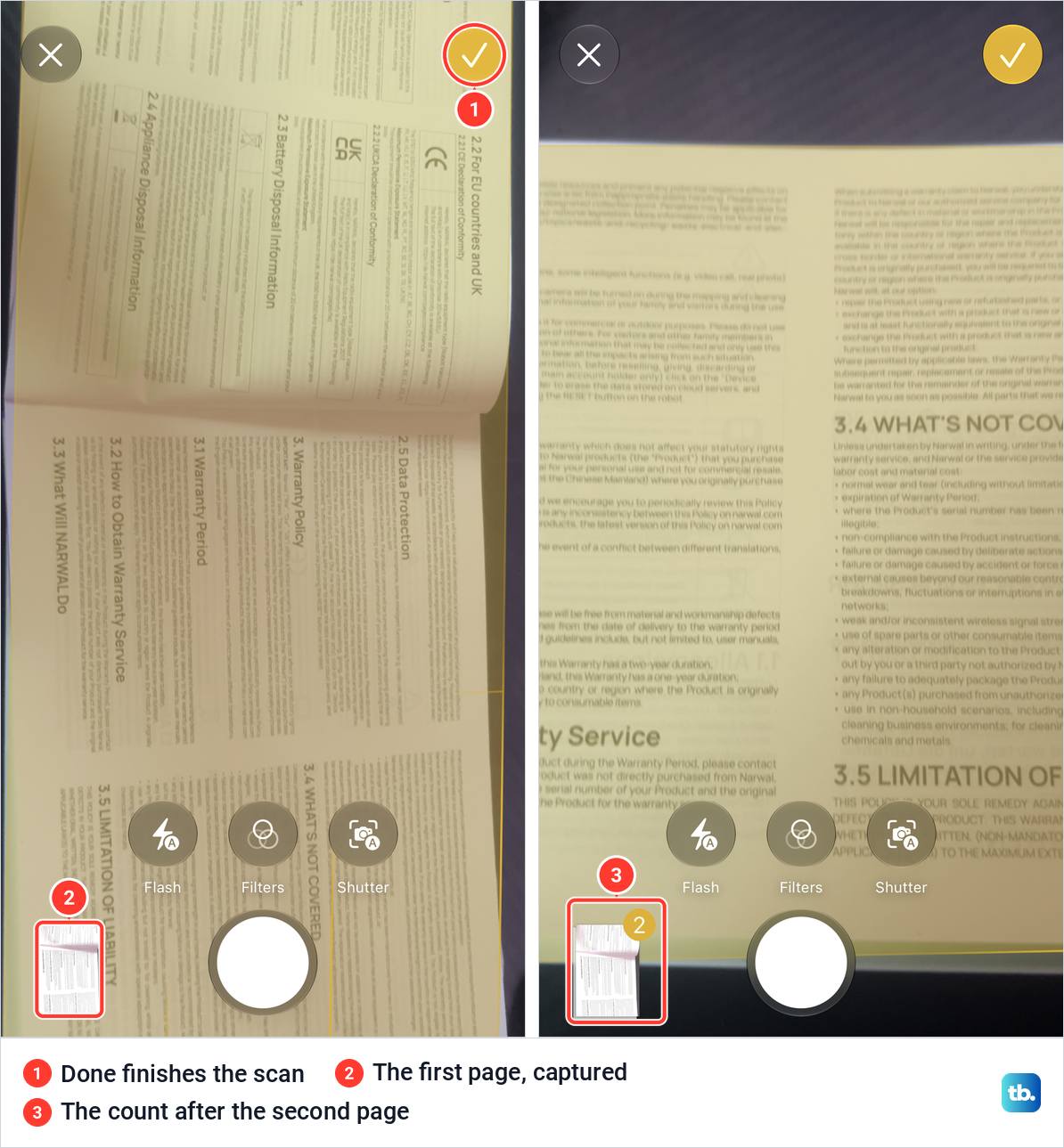 The Notes scanner after capturing the first page and while framing the second page, with the page count on the thumbnail.