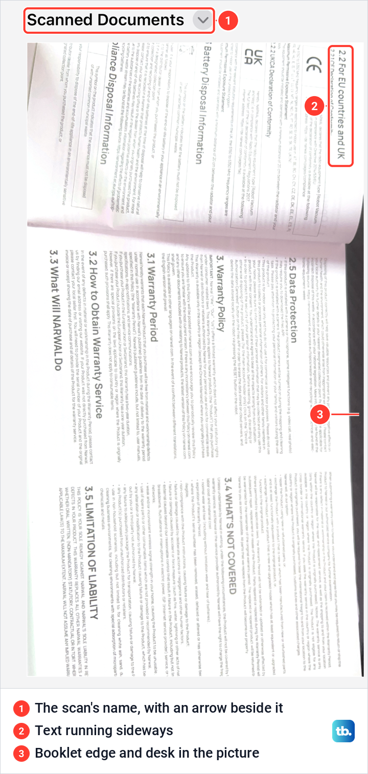 A two-page scan saved in an iPhone note under the name Scanned Documents, with the first page turned sideways.