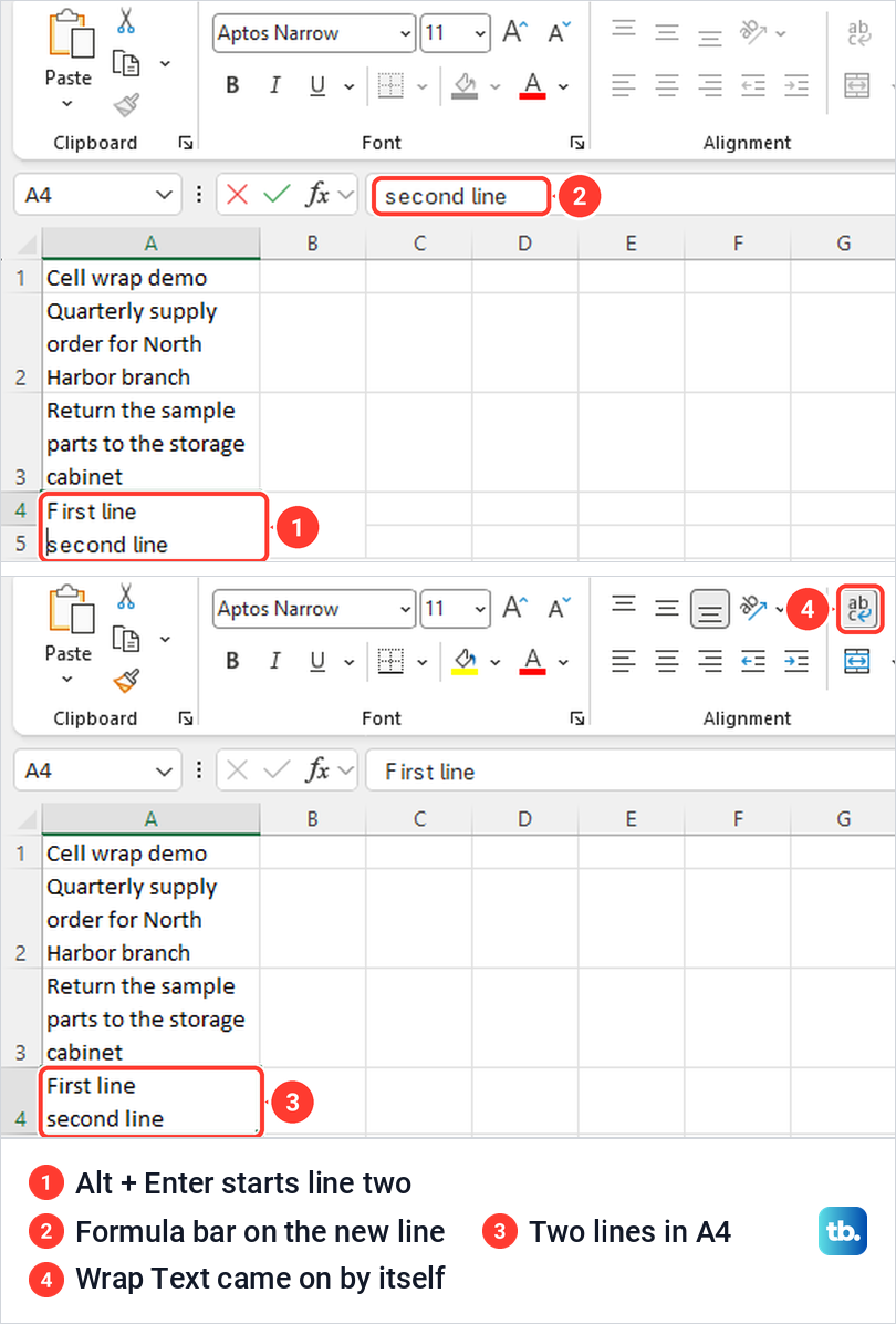 Excel cell A4 split onto two lines with Alt and Enter, with Wrap Text switched on.