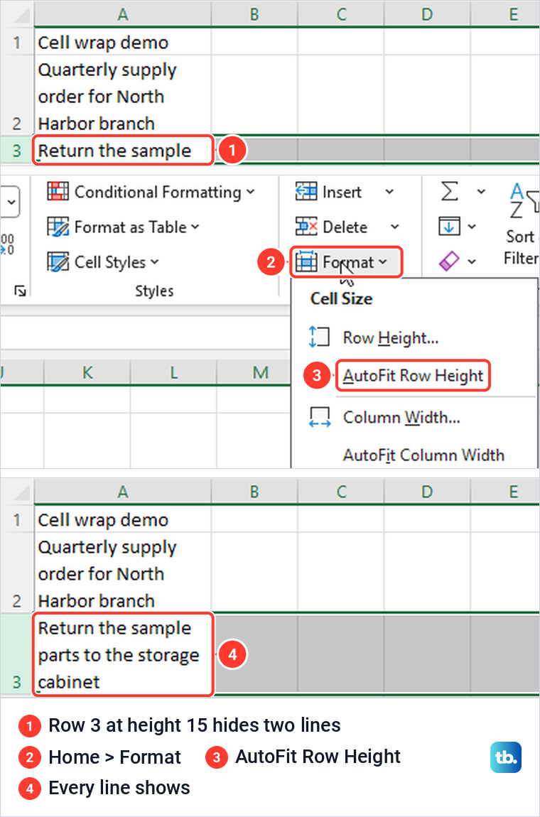 Excel Format menu with AutoFit Row Height, before and after fixing a short row.