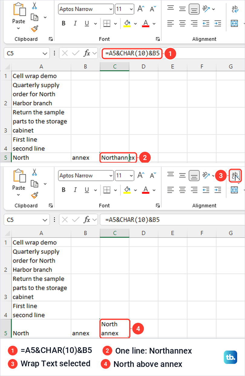 Excel formula with CHAR(10) showing on one line, then on two lines after Wrap Text.