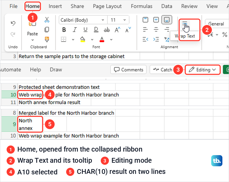 Excel for the web Home panel with the Wrap Text icon, Editing mode and wrapped cells.