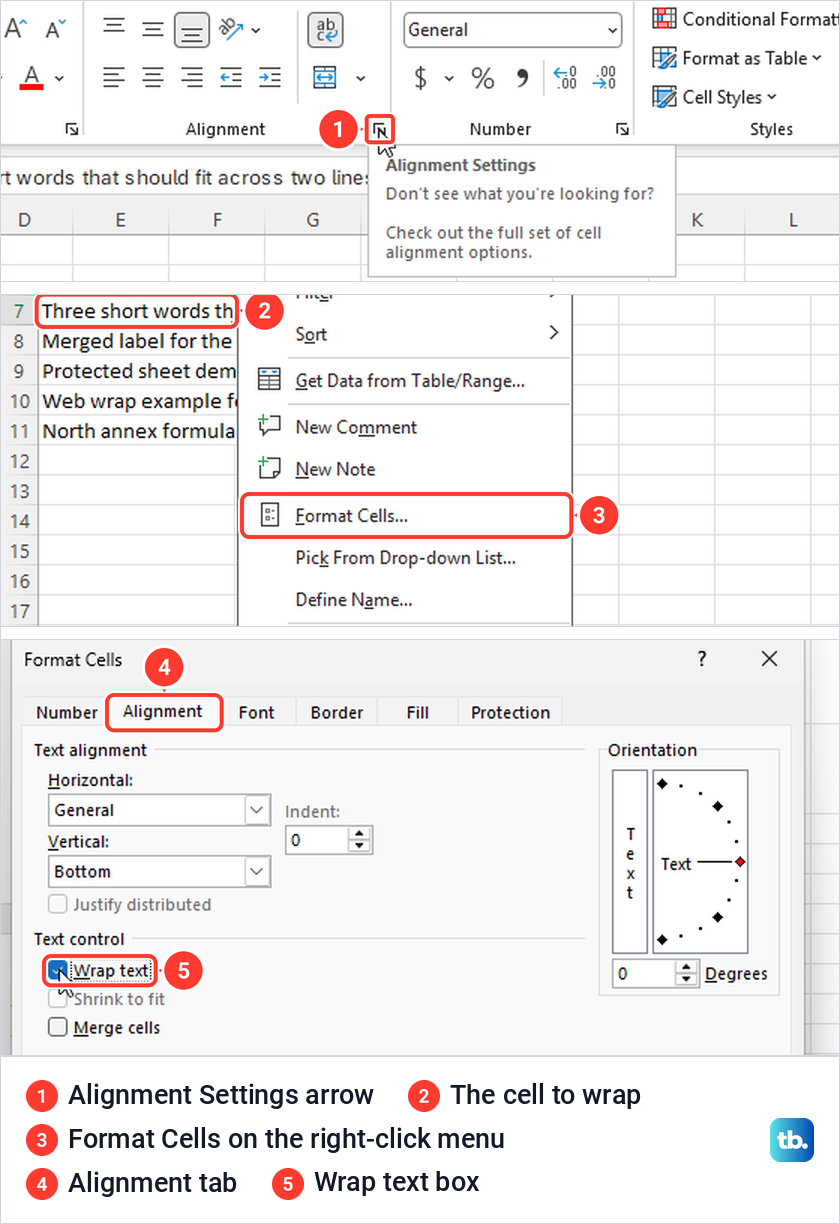 Excel Alignment Settings arrow, right-click Format Cells item and the Wrap text box.