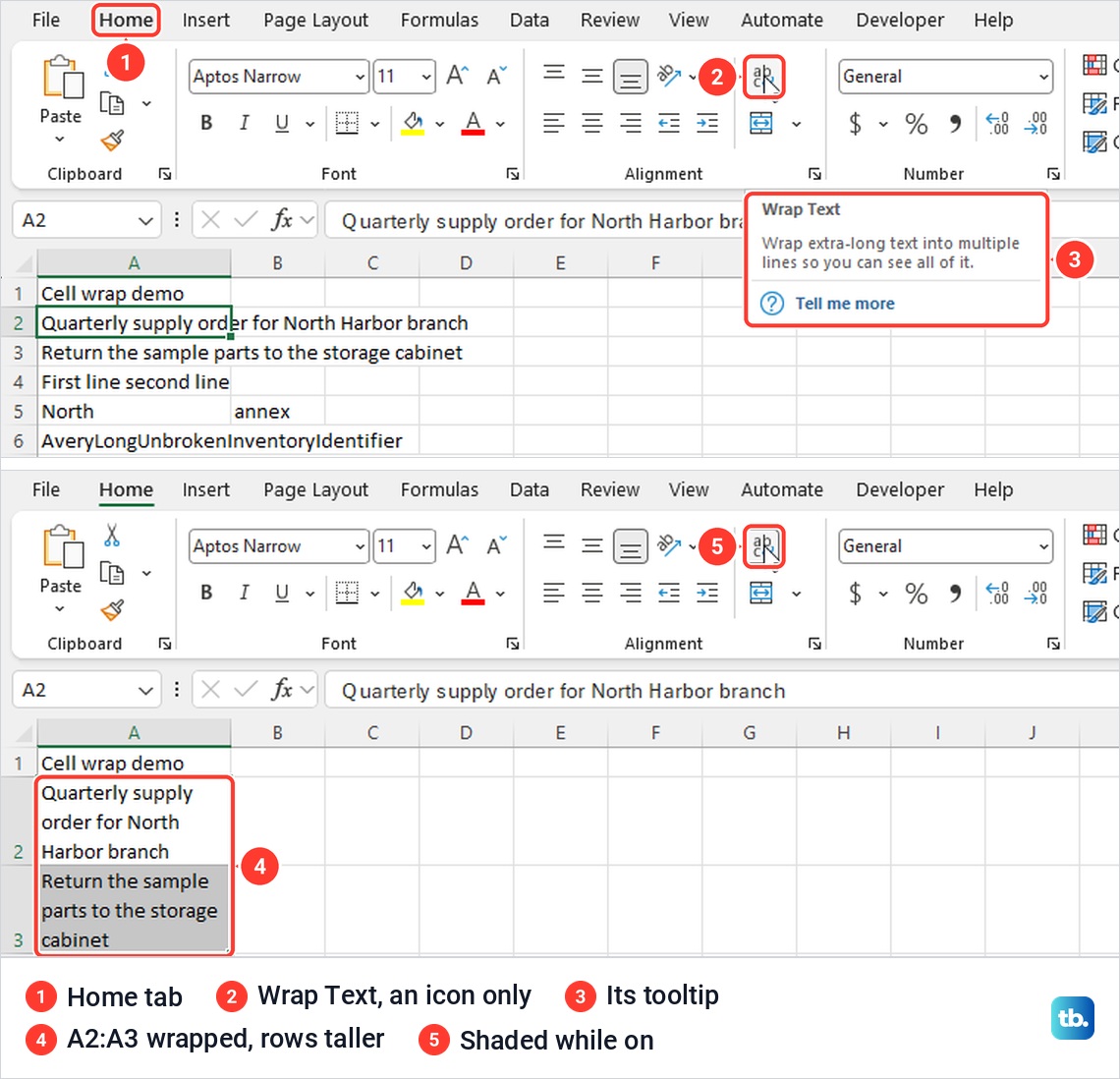 Excel Home tab with the Wrap Text icon, its tooltip, and cells A2 and A3 wrapped.