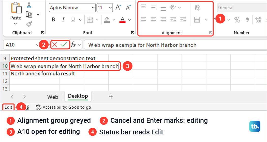 Excel ribbon with the Alignment group greyed out while cell A10 is being edited.