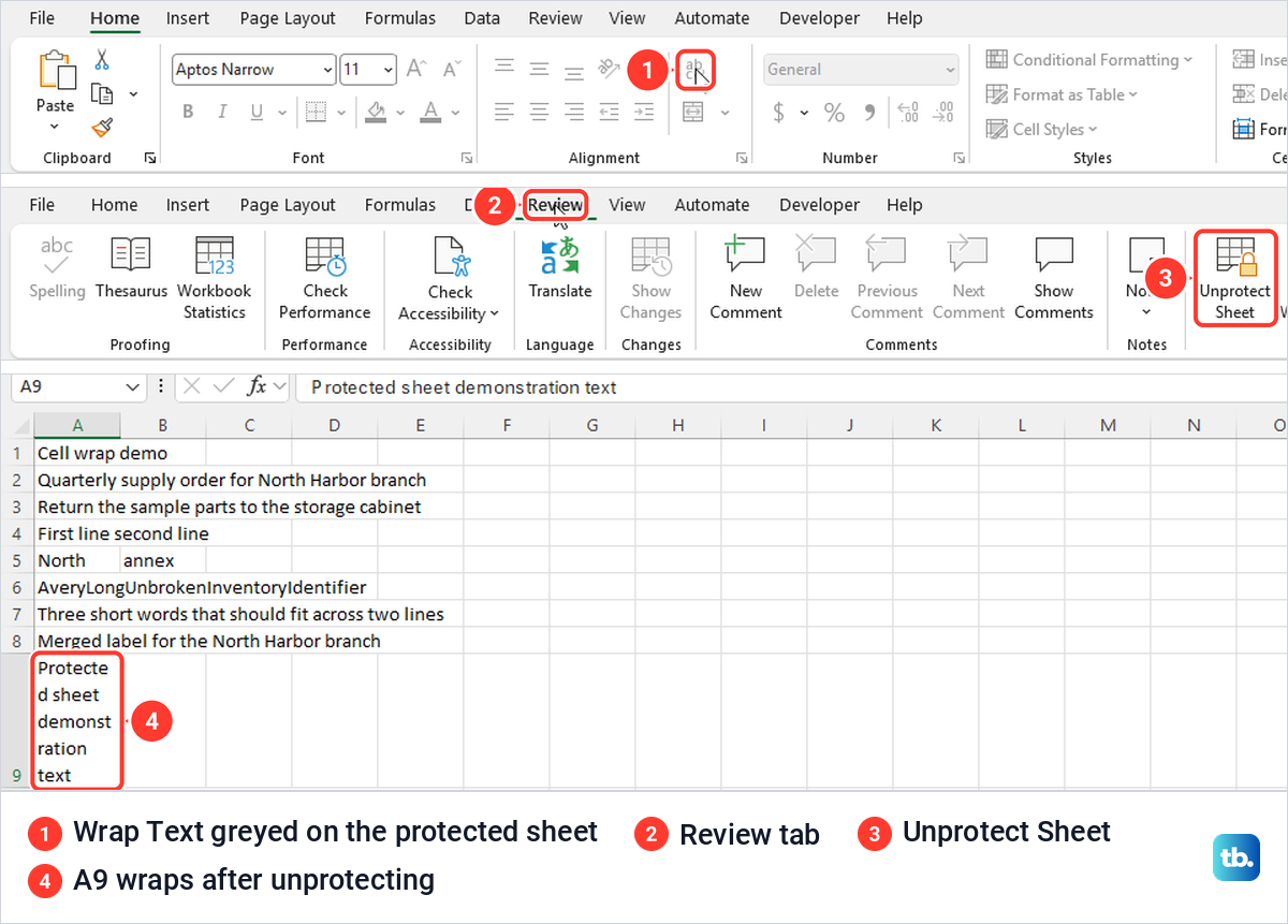 Excel Wrap Text greyed on a sheet protected without Format cells, then Unprotect Sheet.