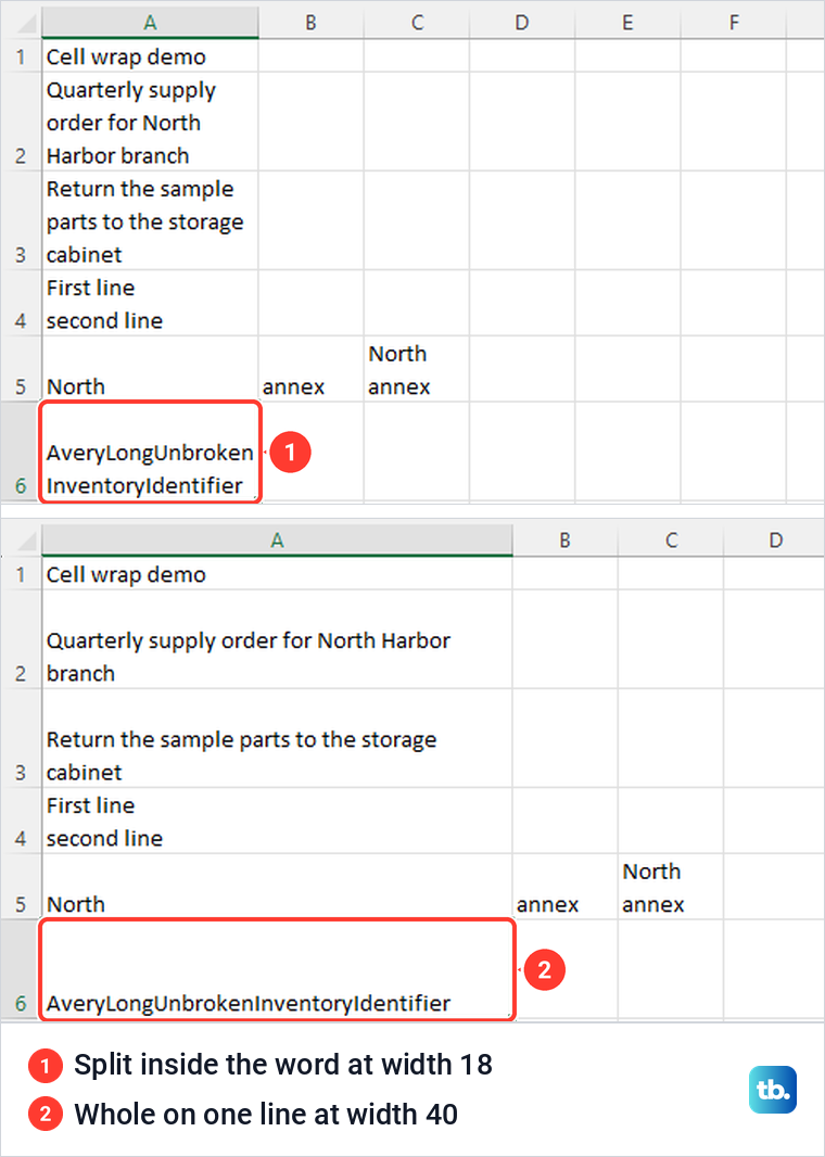 Excel long identifier split across two lines, then shown whole in a wider column.